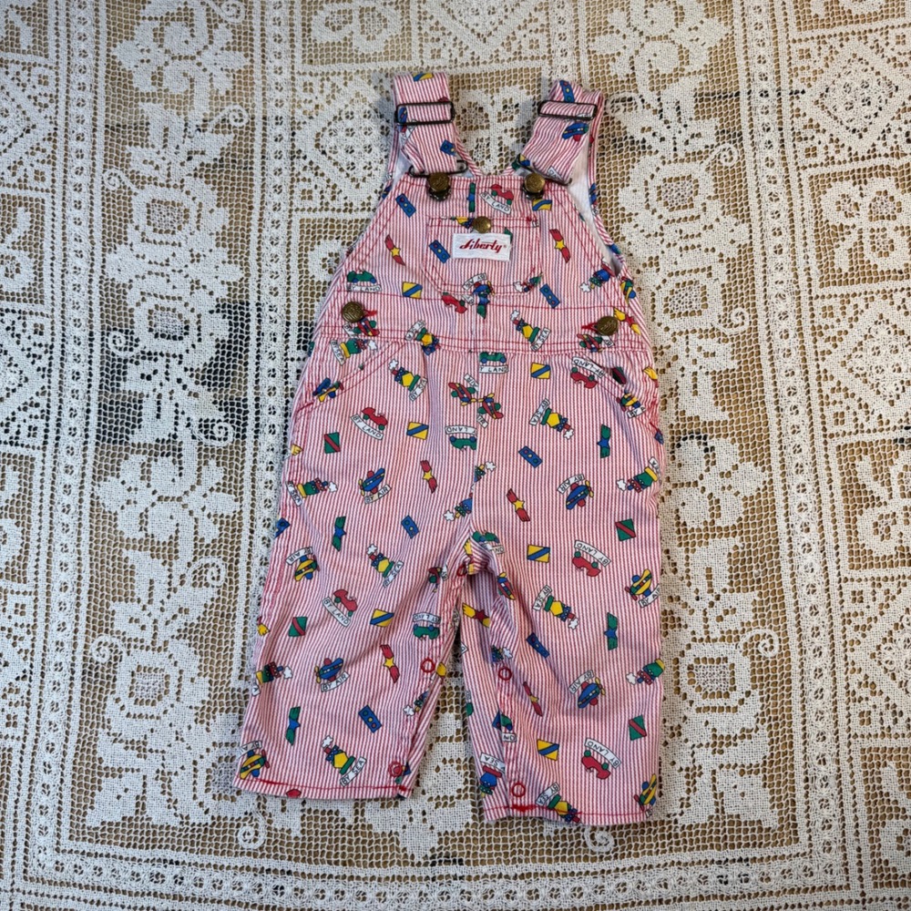 Vtg Liberty Kids Overalls 24M Red White Stripe Novelty Print Made in USA